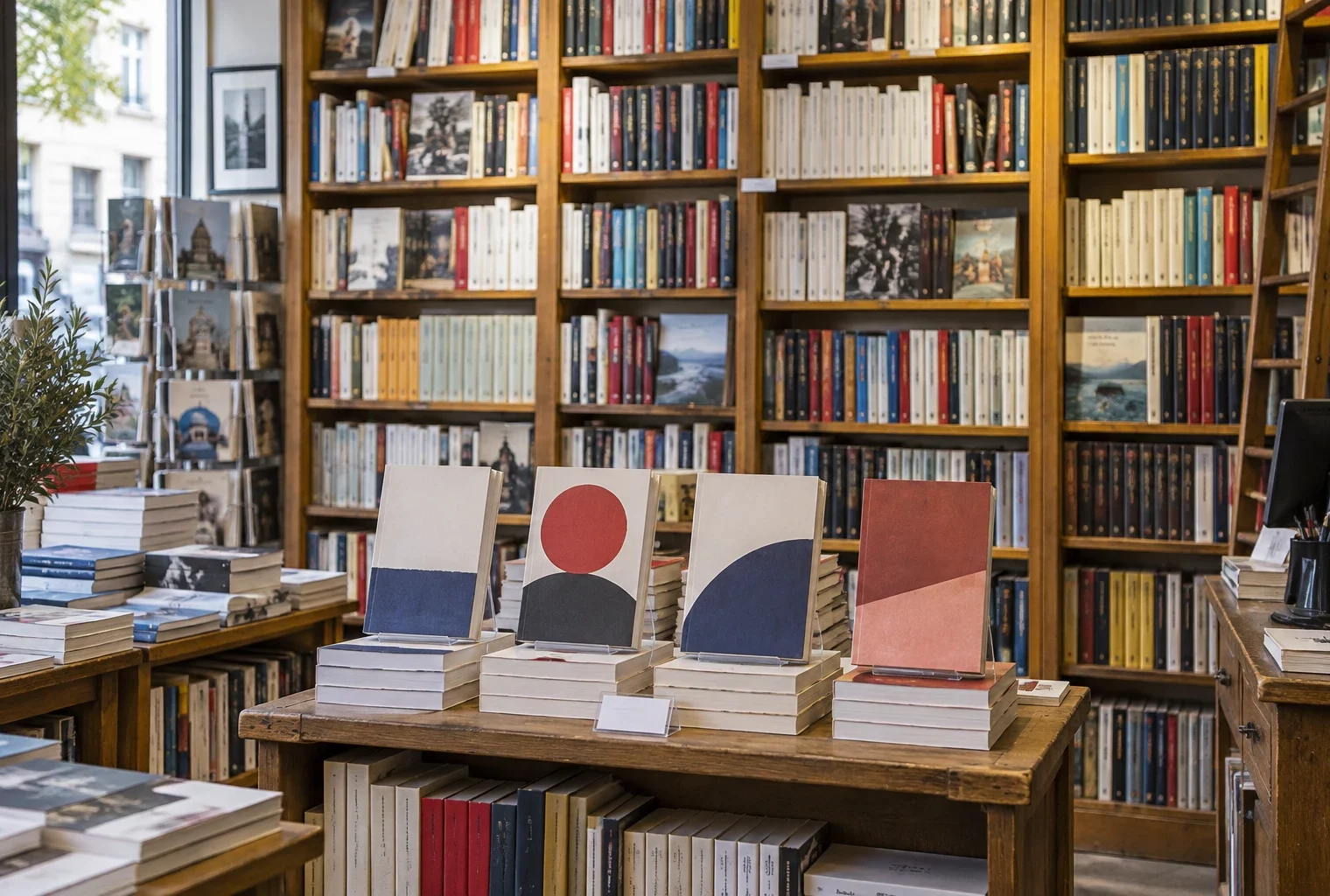Des exemplaires d’un livre politique aux couvertures abstraites sur un présentoir, devant des rayonnages de librairie bien remplis.