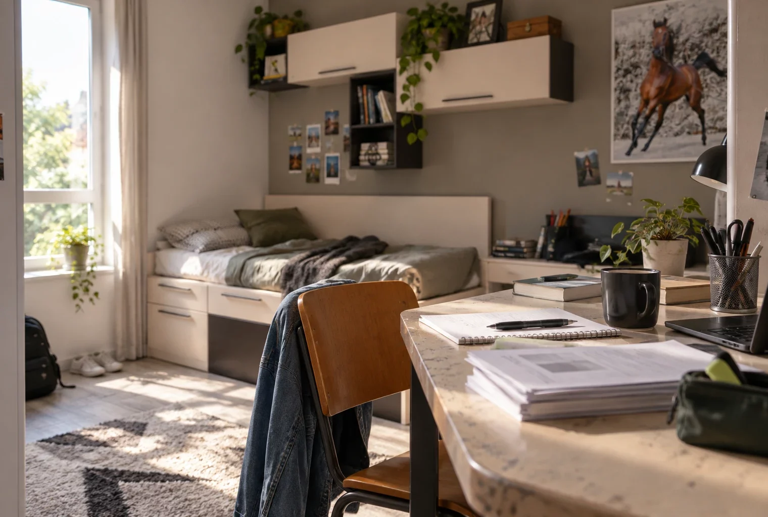 Bureau et chaise dans une petite chambre étudiante, avec lit simple et fenêtre en arrière-plan sous le soleil du matin.
