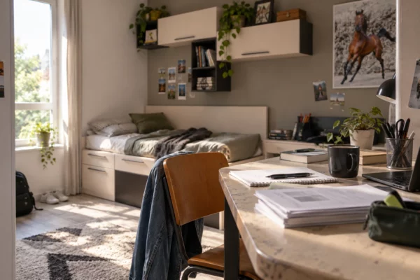 Bureau et chaise dans une petite chambre étudiante, avec lit simple et fenêtre en arrière-plan sous le soleil du matin.