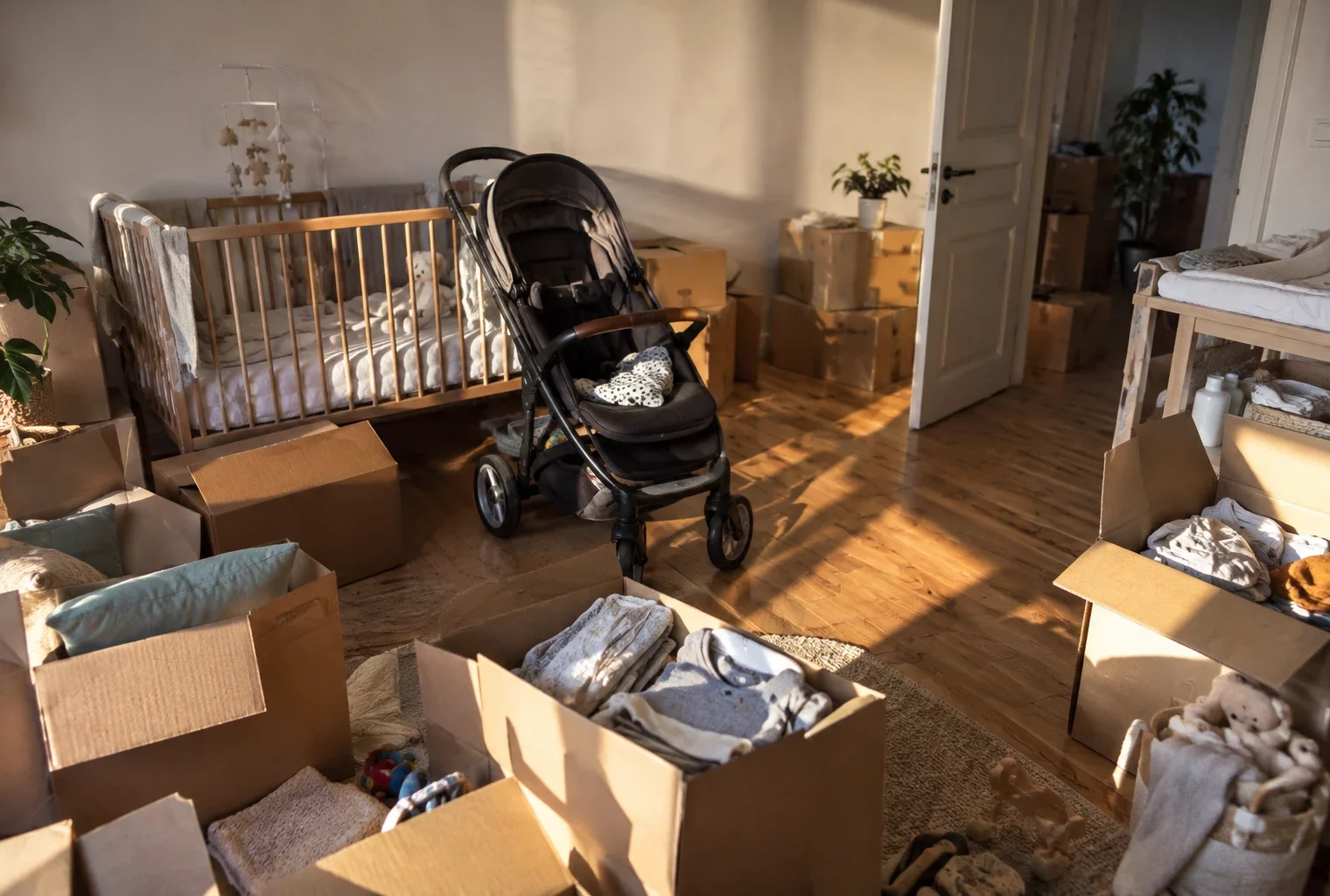 Cartons de déménagement et poussette réunis dans une pièce familiale où se trouvent aussi un petit lit et des affaires de bébé.