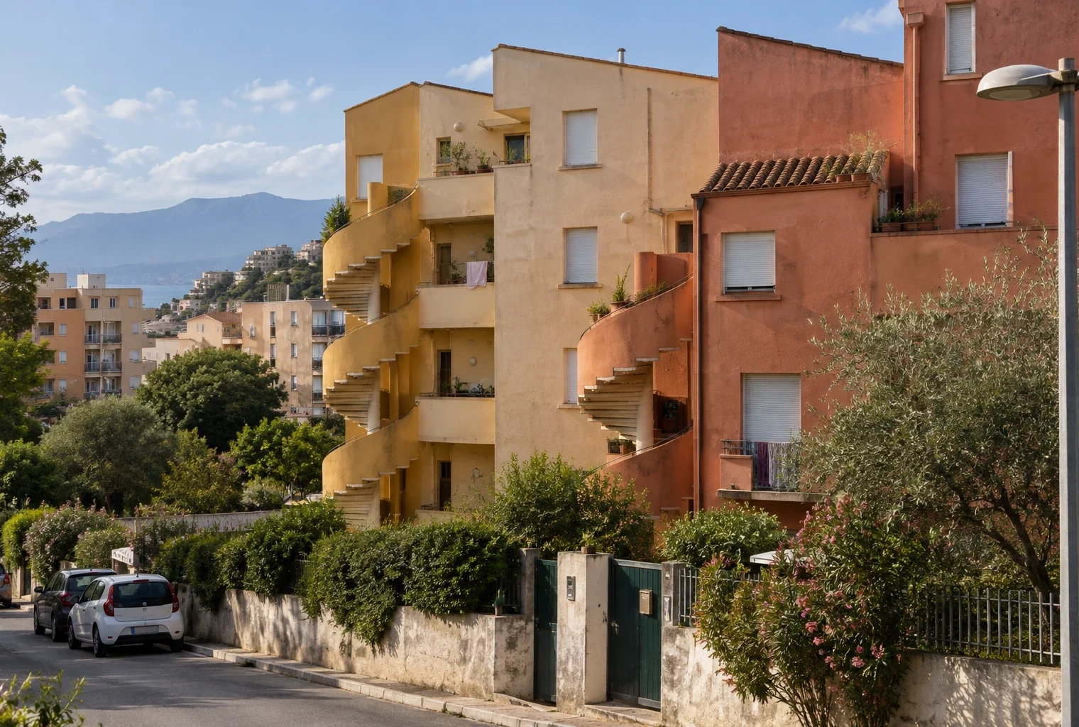 Façades d’immeubles résidentiels aux tons ocre, avec volets fermés et balcons, dans une rue corse sur fond de relief insulaire.