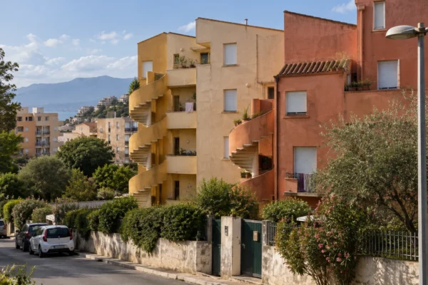 Façades d’immeubles résidentiels aux tons ocre, avec volets fermés et balcons, dans une rue corse sur fond de relief insulaire.