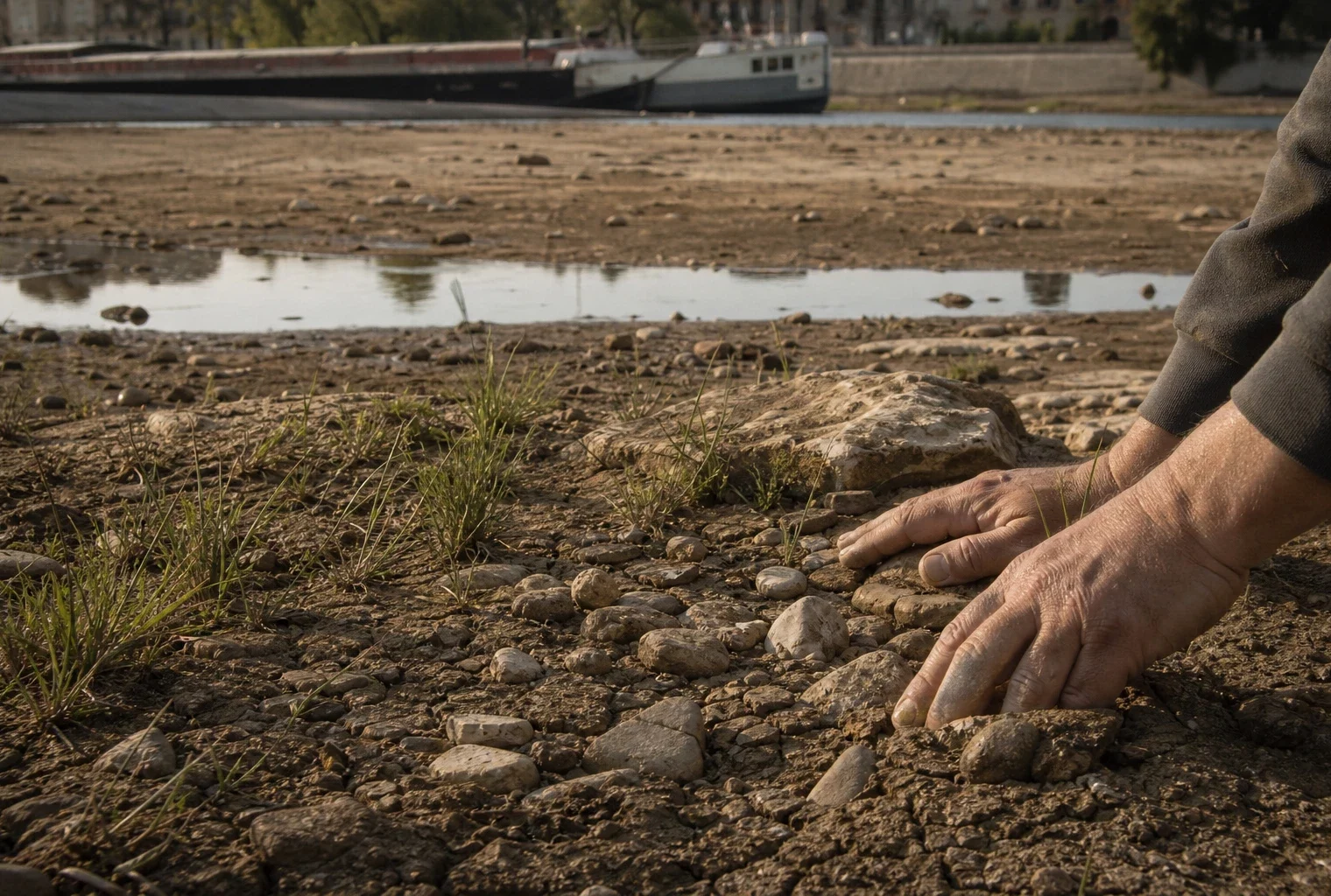 Berge de la Loire à sec avec pierres, vase et eau très basse, une main de technicien inspecte le rivage.