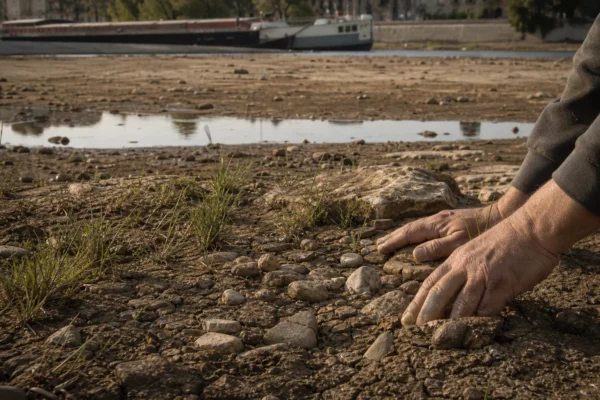 Berge de la Loire à sec avec pierres, vase et eau très basse, une main de technicien inspecte le rivage.