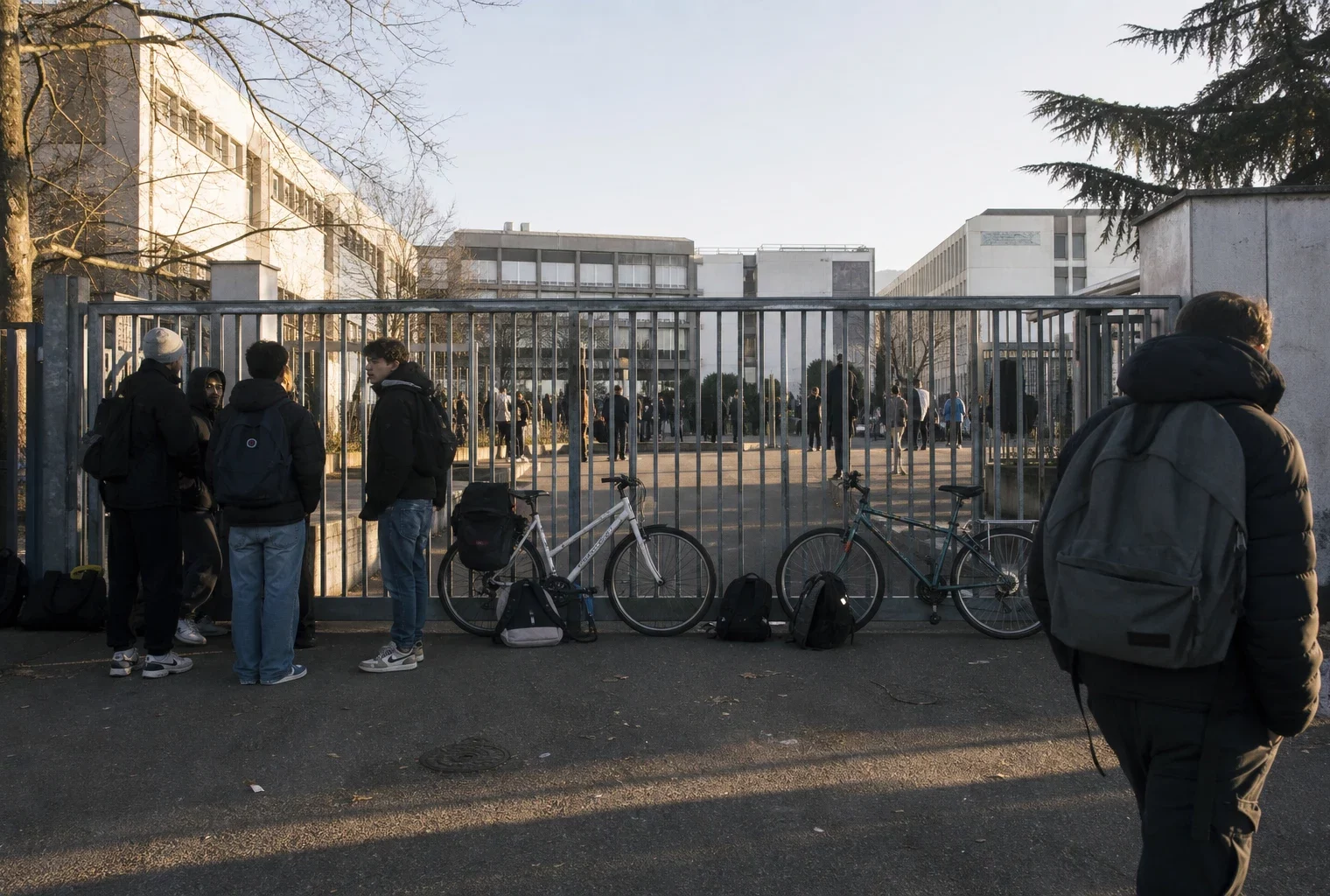 Entrée d’un lycée barrée par des élèves mobilisés, avec accès empêché et grilles fermées.