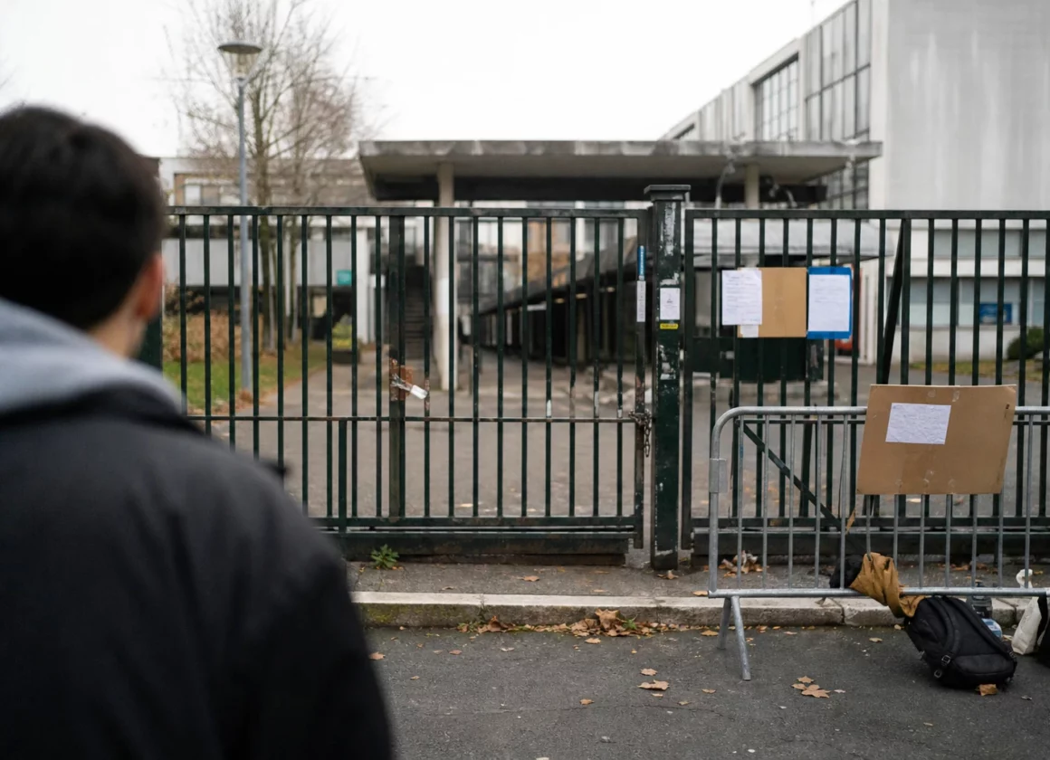 Grilles fermées devant un lycée bloqué, avec des barrières de fortune et quelques effets d’élèves au premier plan.