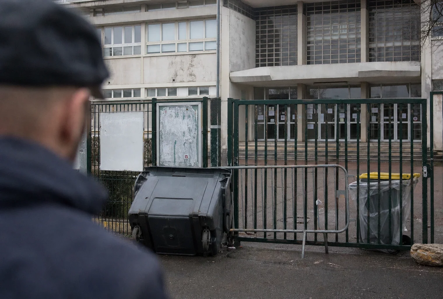 Entrée d’un lycée bloquée par des barrières et des objets déplacés devant le portail.