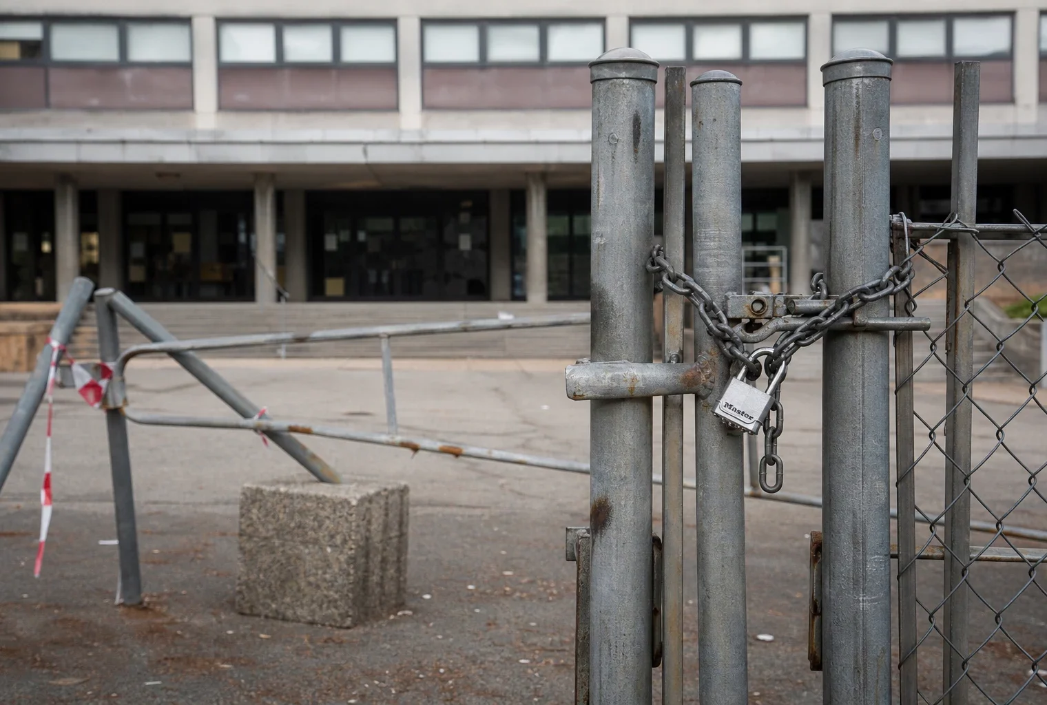 Grilles fermées d’un lycée public bloqué, chaînes et barrières improvisées devant un portail sobre, façade en arrière-plan.