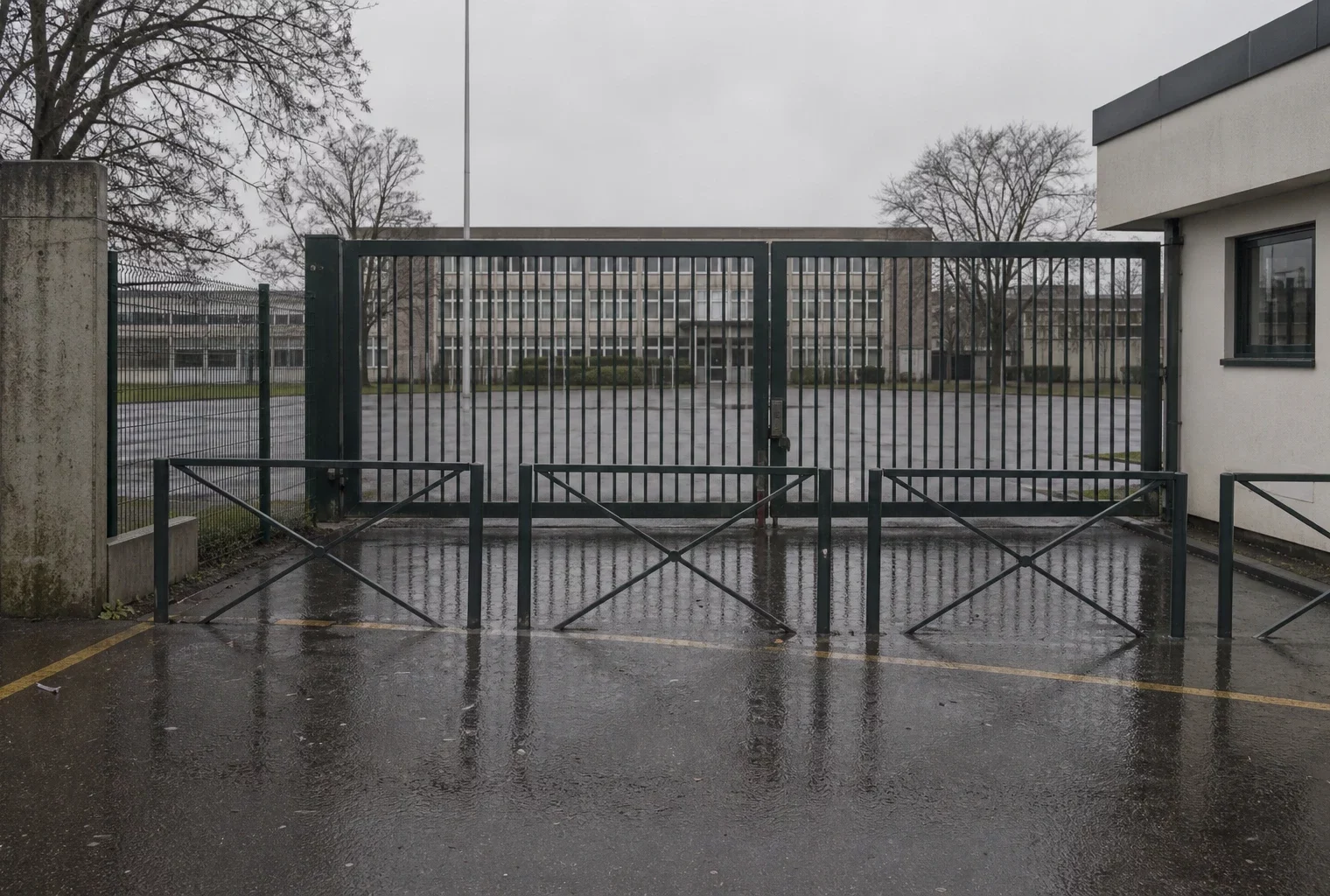 Entrée de lycée fermée par des grilles et des barrières, dans un contexte de mobilisation étudiante.