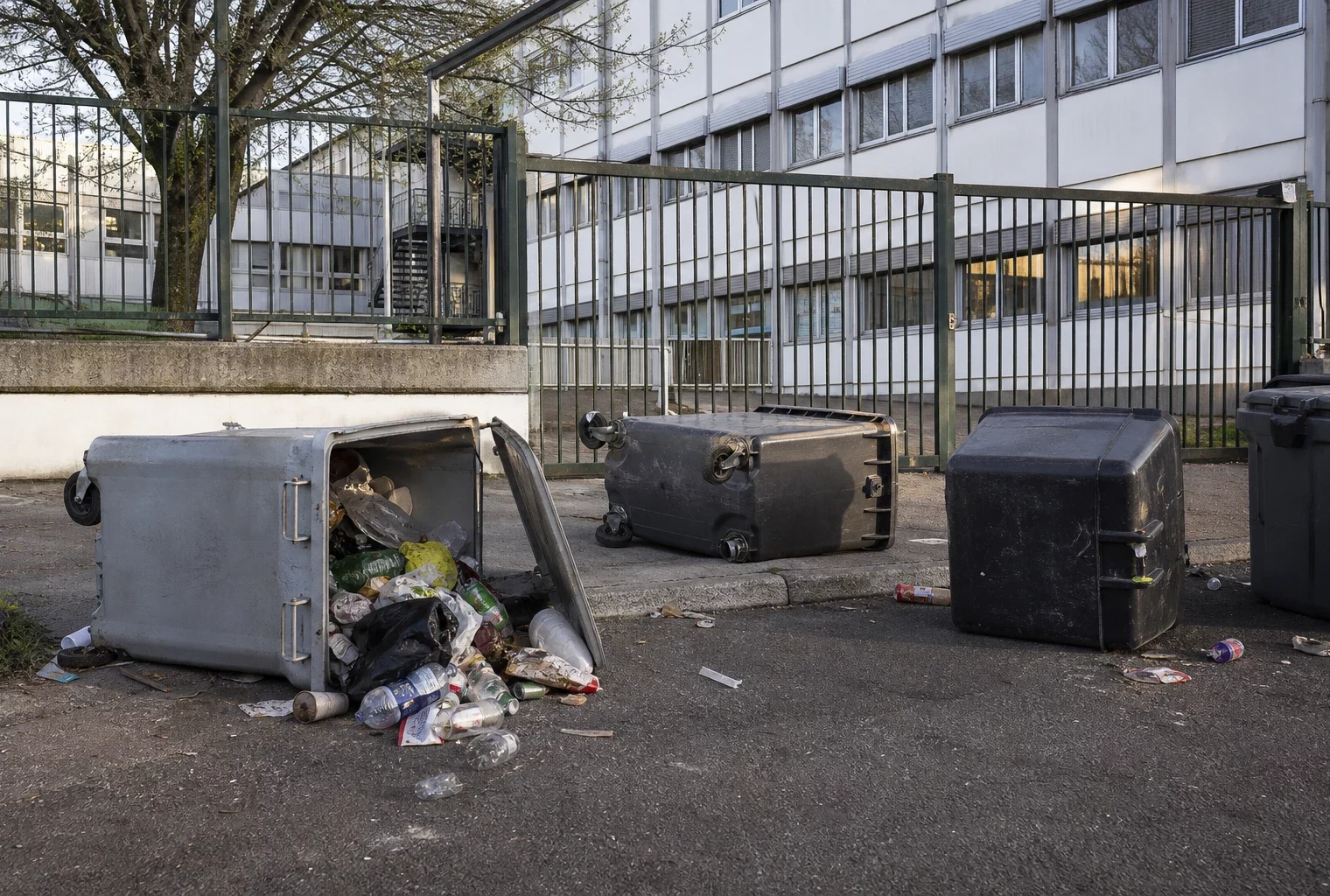 Devant un lycée d’Orléans, des poubelles renversées bloquent l’accès au milieu de la rue.