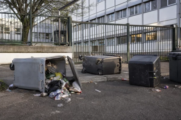 Devant un lycée d’Orléans, des poubelles renversées bloquent l’accès au milieu de la rue.