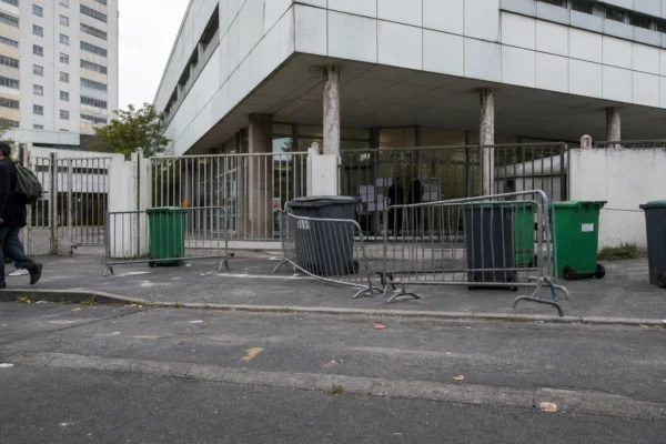 Entrée d’un lycée bloquée à Saint-Denis, avec barrières et poubelles devant les grilles.