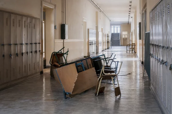 Tables renversées et chaises déplacées dans un hall de lycée vide, avec couloir et casiers en arrière-plan.