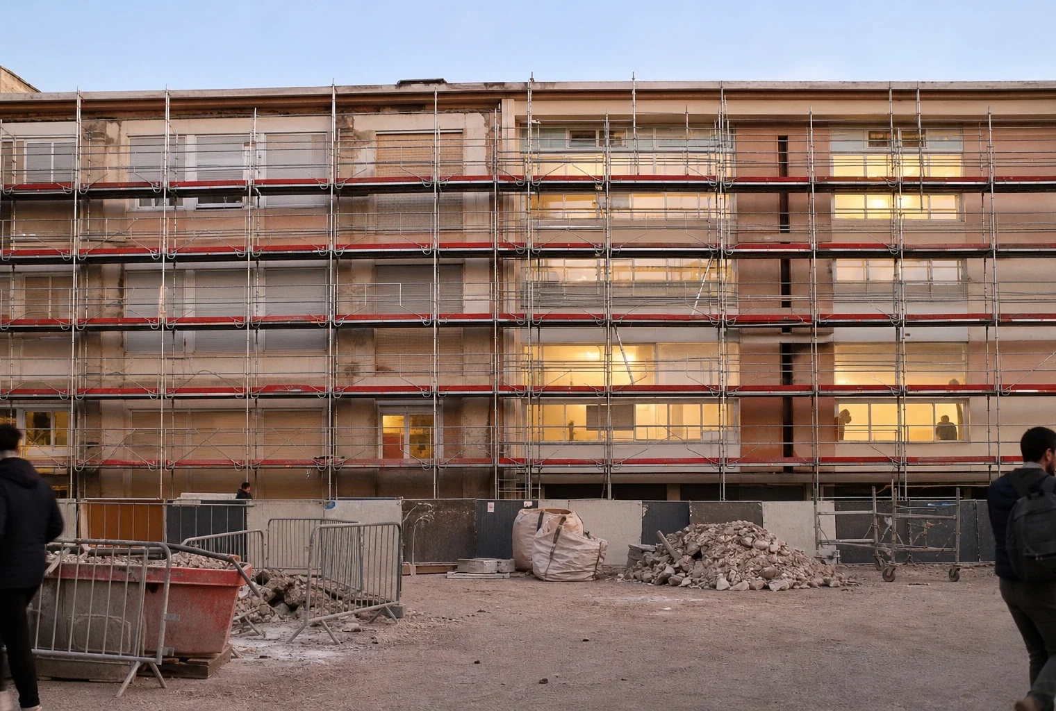Façade d’un lycée public en rénovation, sous échafaudages, avec barrières de chantier et zones de travaux visibles.