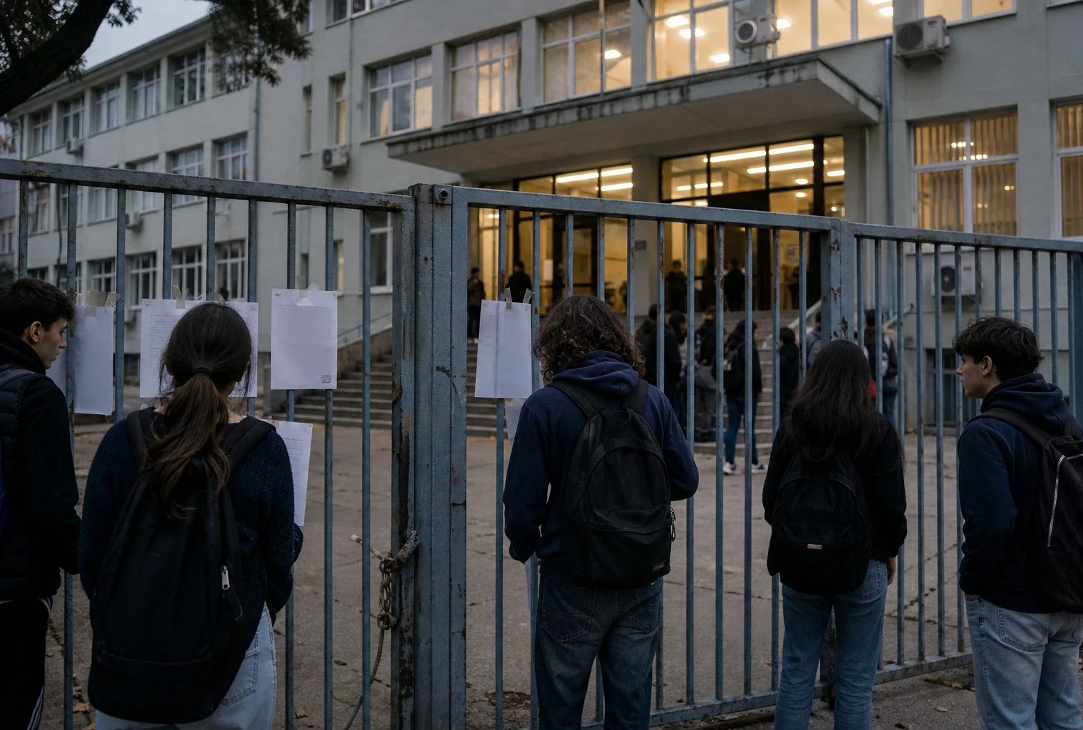 Entrée d’un lycée français au crépuscule, élèves avec sacs près des grilles et affiches de mobilisation sans texte lisible.