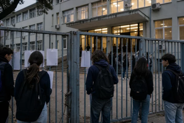 Entrée d’un lycée français au crépuscule, élèves avec sacs près des grilles et affiches de mobilisation sans texte lisible.