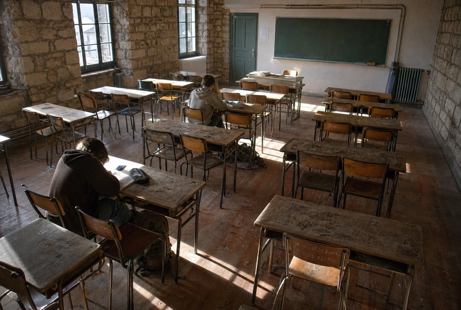Salle de classe de lycée public français aux meubles usés, avec rangées de tables, tableau noir et murs marqués par le temps.