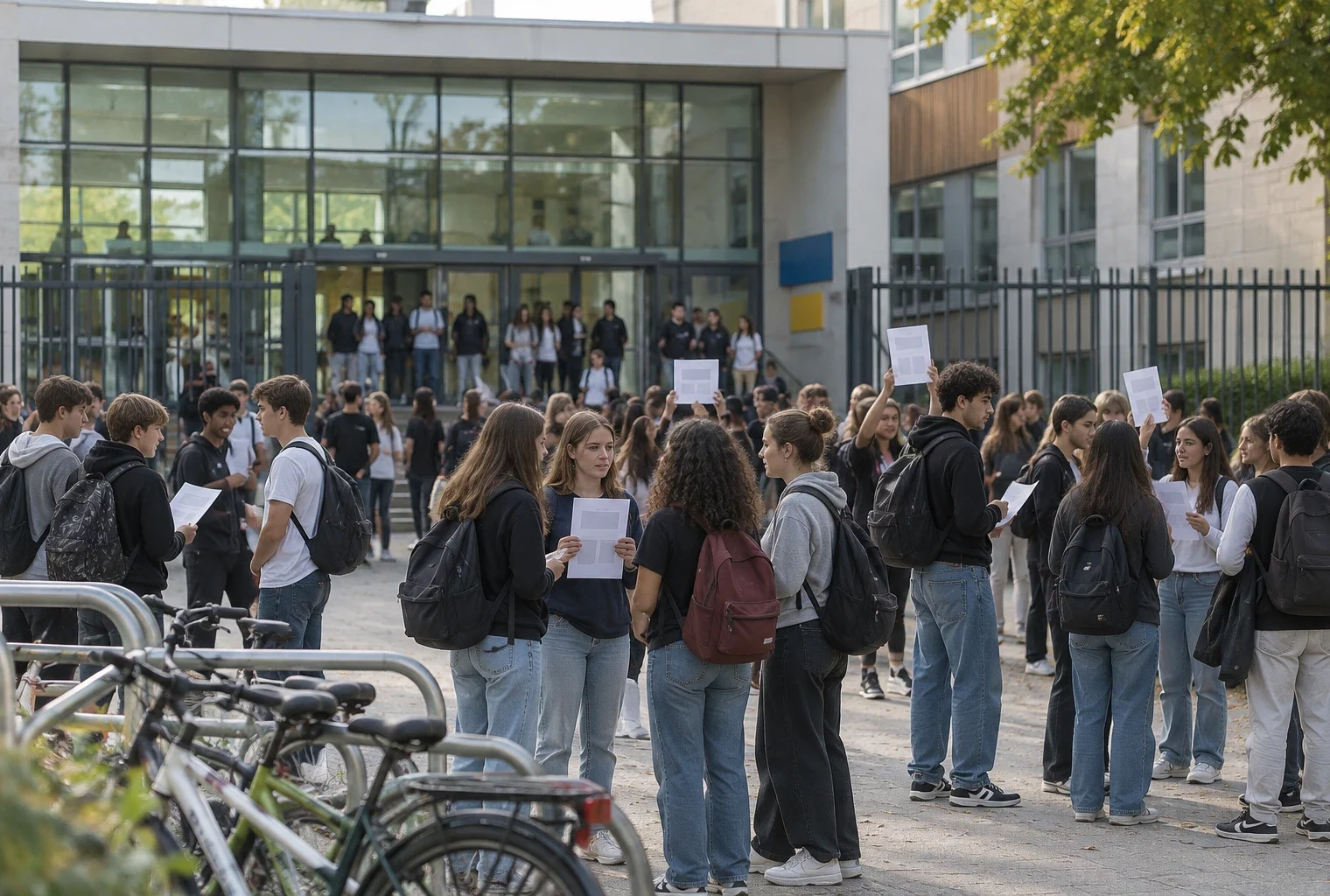 Des lycéens avec leurs sacs se rassemblent devant un portail d’établissement, près de casiers à vélos, avec des feuilles sans texte lisible.