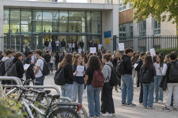 Des lycéens avec leurs sacs se rassemblent devant un portail d’établissement, près de casiers à vélos, avec des feuilles sans texte lisible.