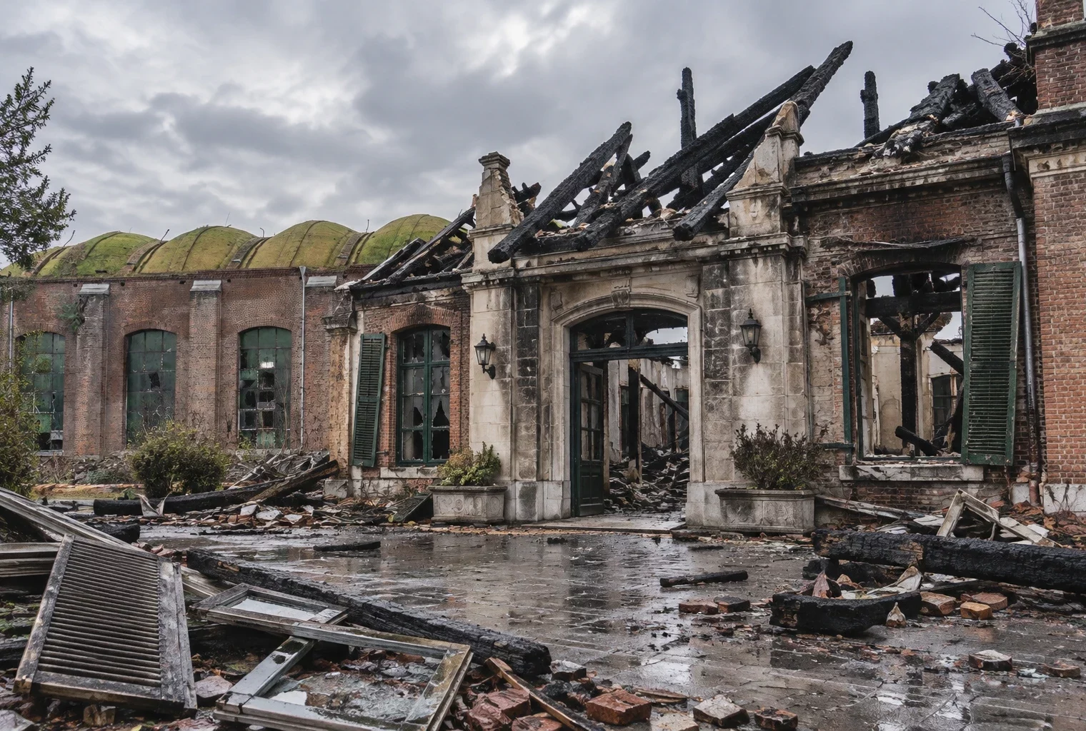 Façade d’un bâtiment municipal après un incendie, avec menuiseries noircies et débris sous un ciel gris pluvieux.