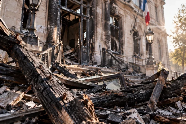 Débris de bois noircis au premier plan devant l’entrée endommagée et la façade abîmée d’un hôtel de ville.