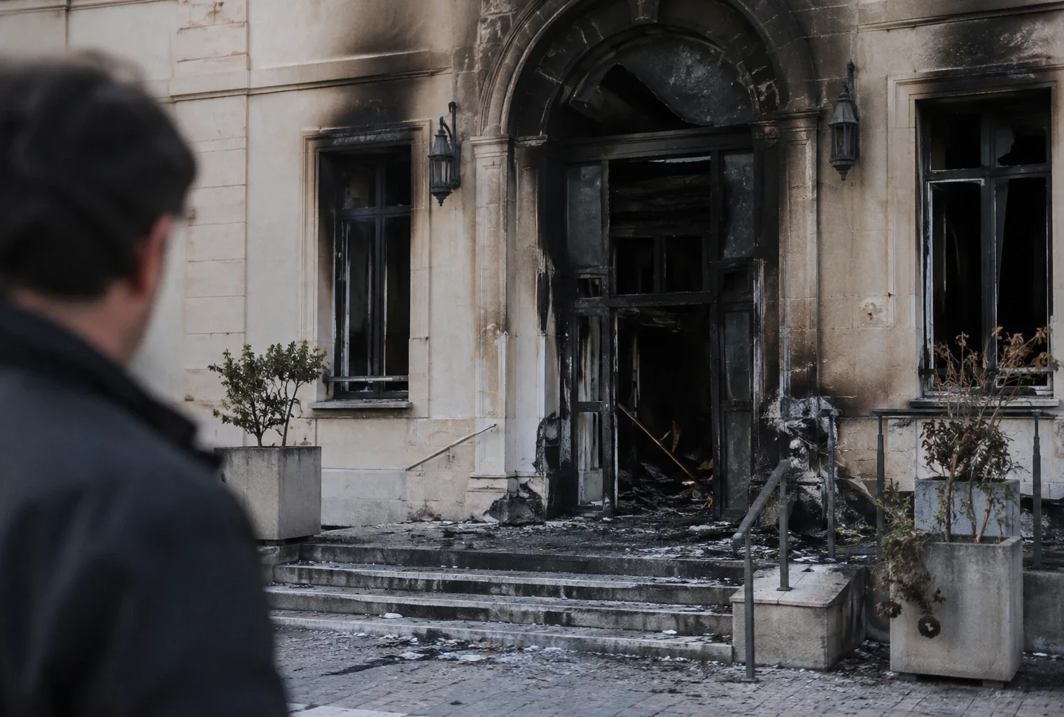 Entrée d’une mairie aux fenêtres noircies, avec des débris calcinés visibles au pied de la façade après un incendie.
