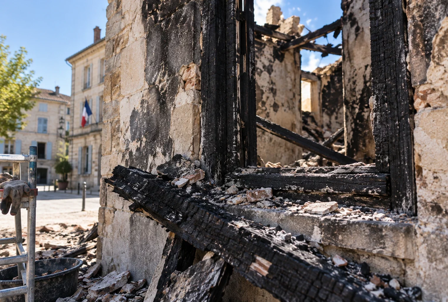 Détail d’une façade municipale noircie par un incendie, avec une ouverture endommagée, des poutres calcinées et des débris.