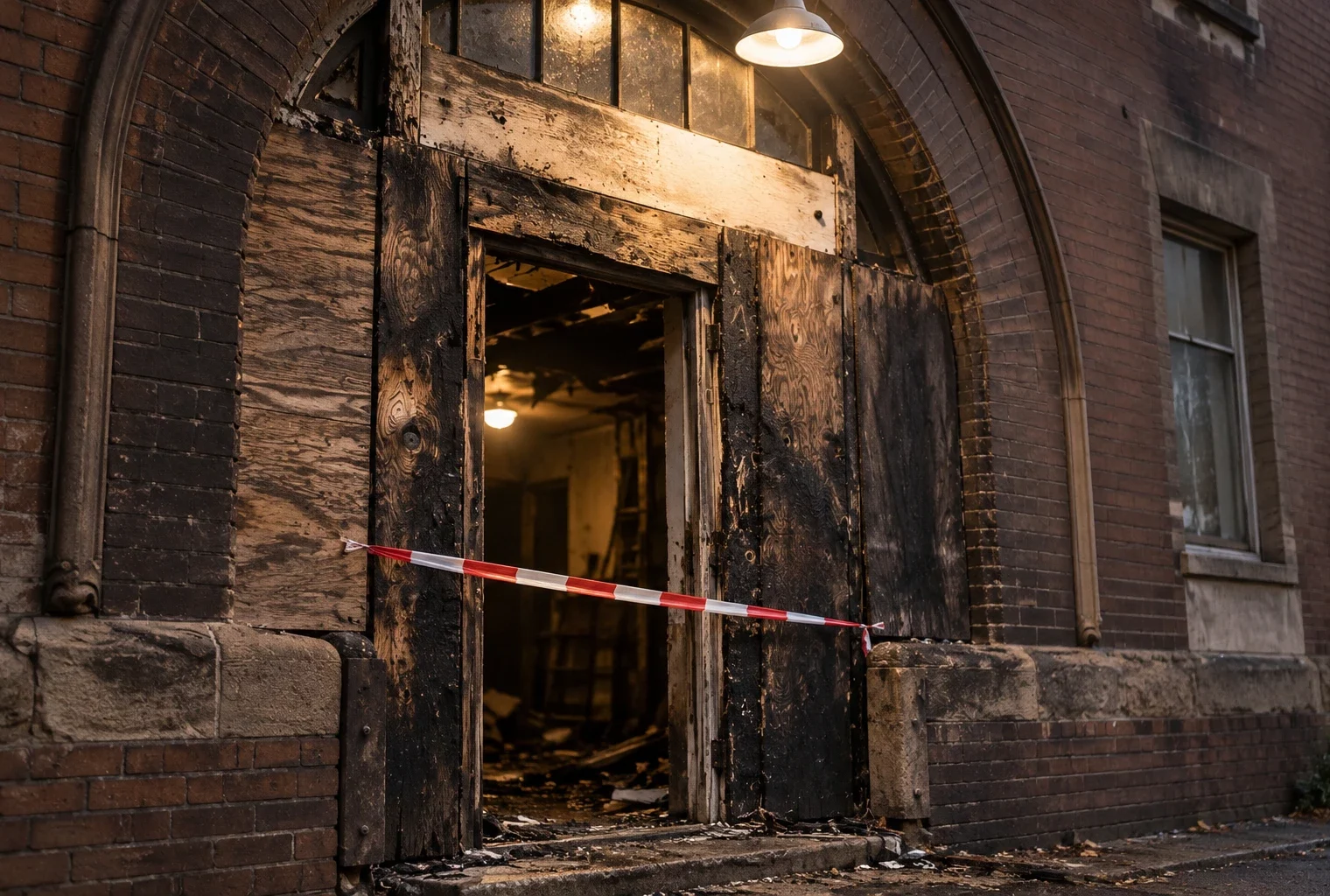 Porte de mairie endommagée par le feu, avec bois noirci, suie sur la maçonnerie et ruban de sécurisation.