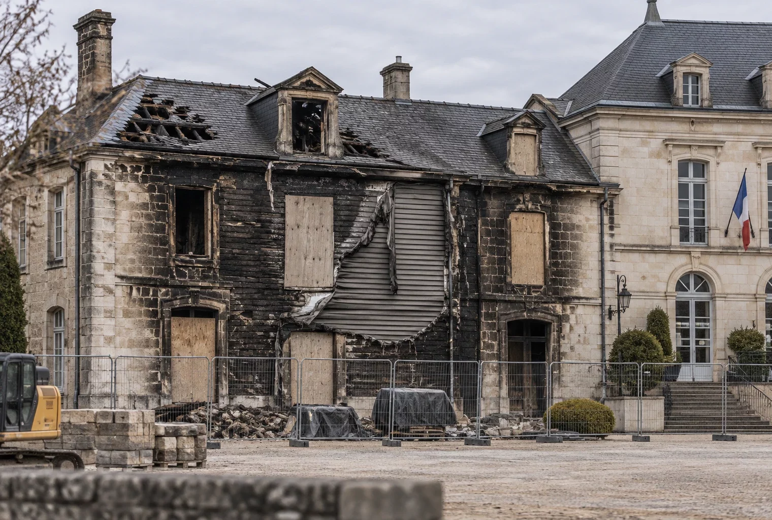 Façade historique noircie et endommagée par un incendie, avec barrières de sécurité et aile moderne préservée à proximité.