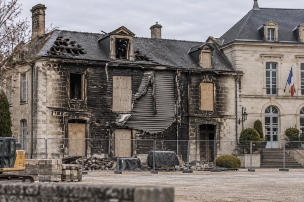 Façade historique noircie et endommagée par un incendie, avec barrières de sécurité et aile moderne préservée à proximité.