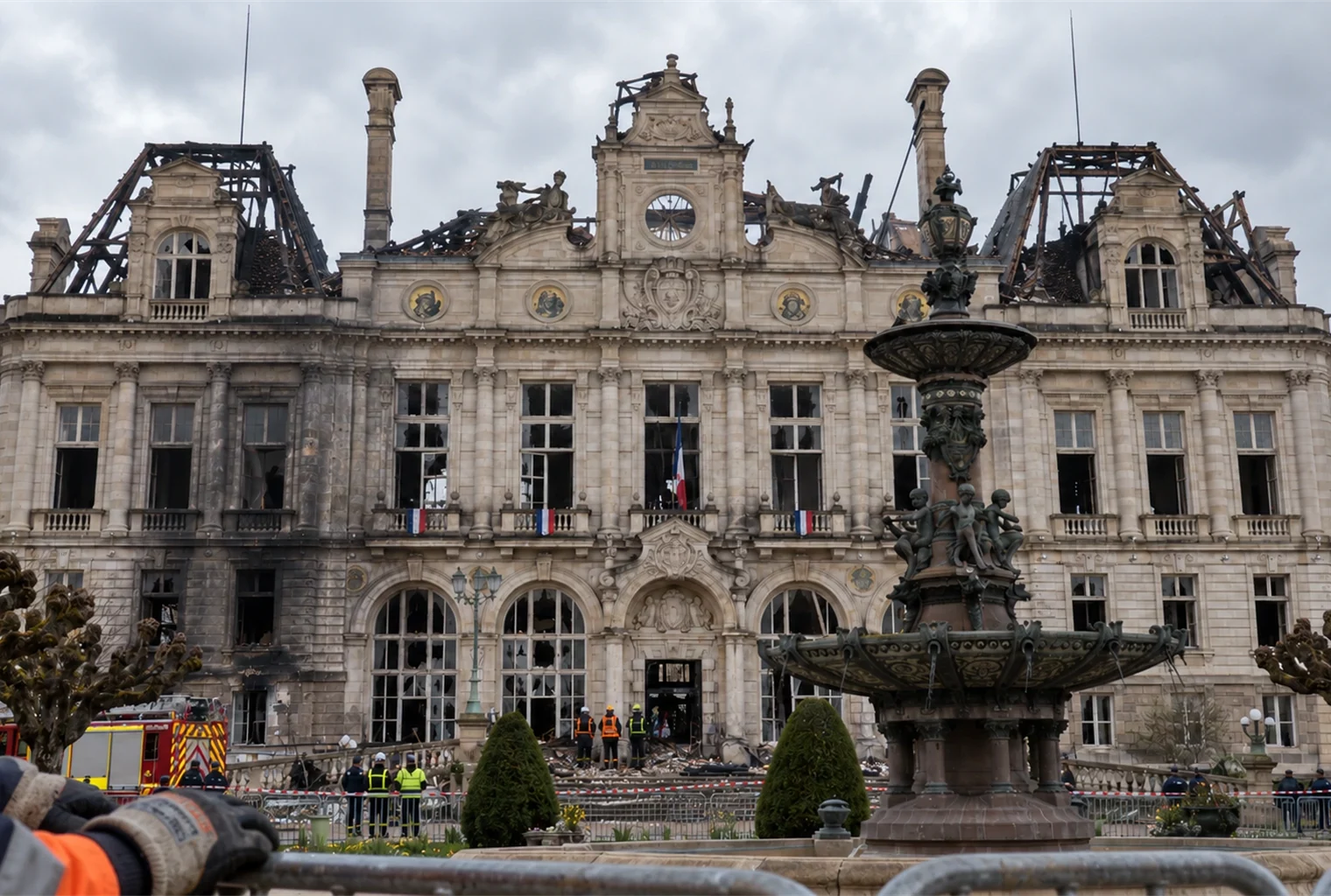 Vue de l’hôtel de ville de Limoges après l’incendie, avec au premier plan des mains gantées posées sur une barrière de sécurité de chantier, devant les vestiges calcinés de la mairie et les débris de toiture.