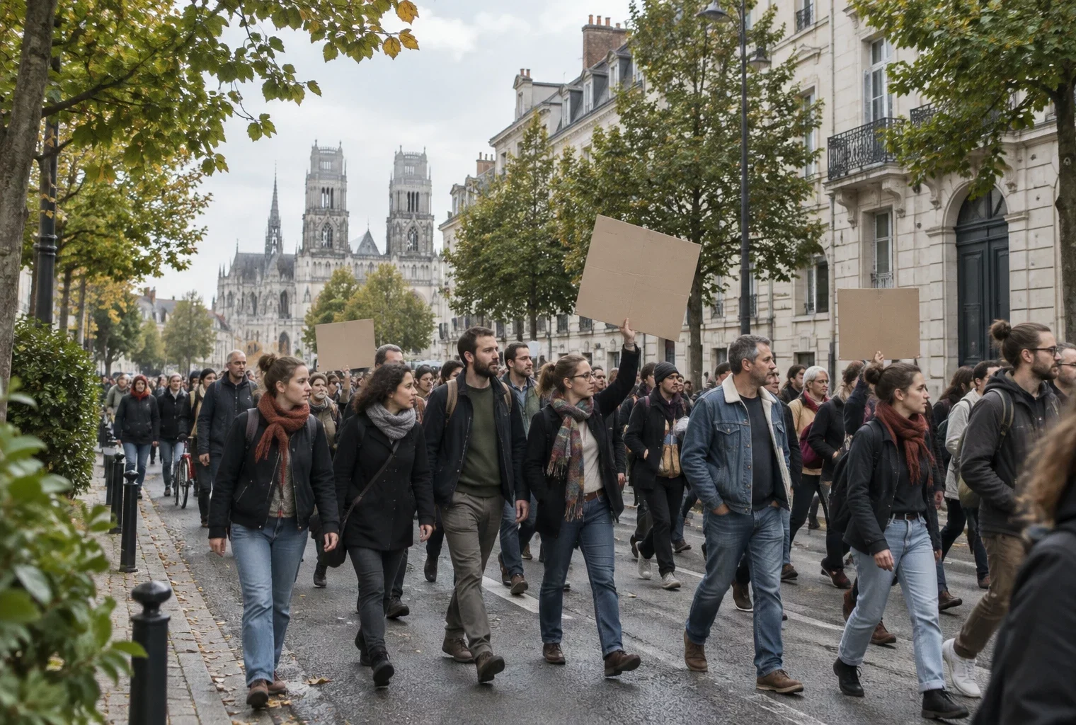 Des manifestants marchent côte à côte dans une rue d’Orléans, avec des pancartes vierges, des façades et des arbres en arrière-plan.
