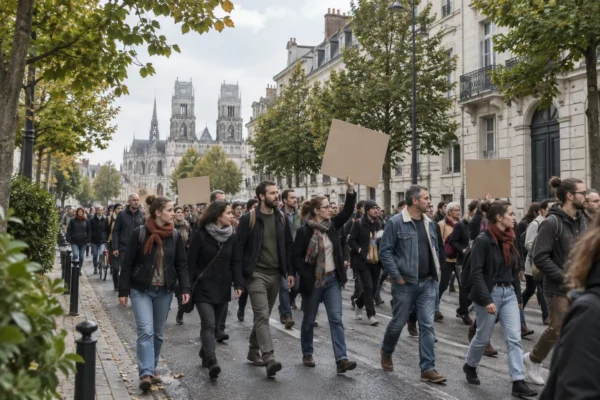 Des manifestants marchent côte à côte dans une rue d’Orléans, avec des pancartes vierges, des façades et des arbres en arrière-plan.