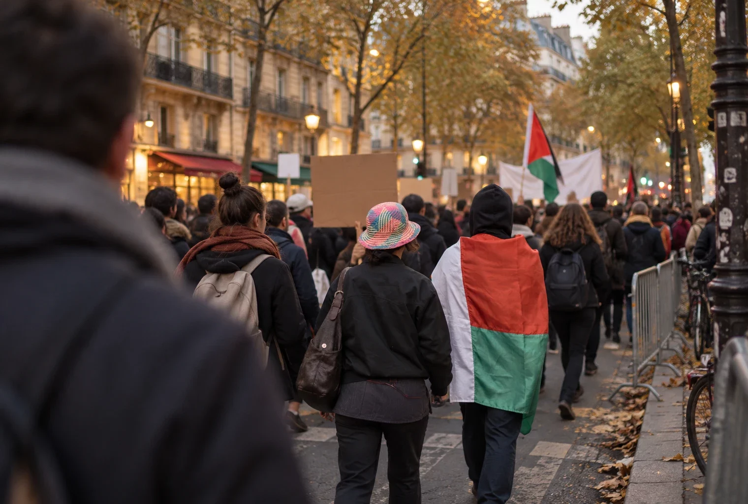 Des participants vus de dos marchent dans une rue bordée de façades et d’arbres, parmi des barrières et des feuilles au sol.