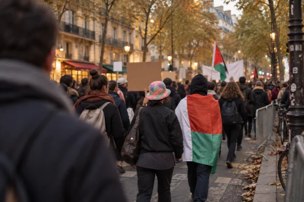 Des participants vus de dos marchent dans une rue bordée de façades et d’arbres, parmi des barrières et des feuilles au sol.