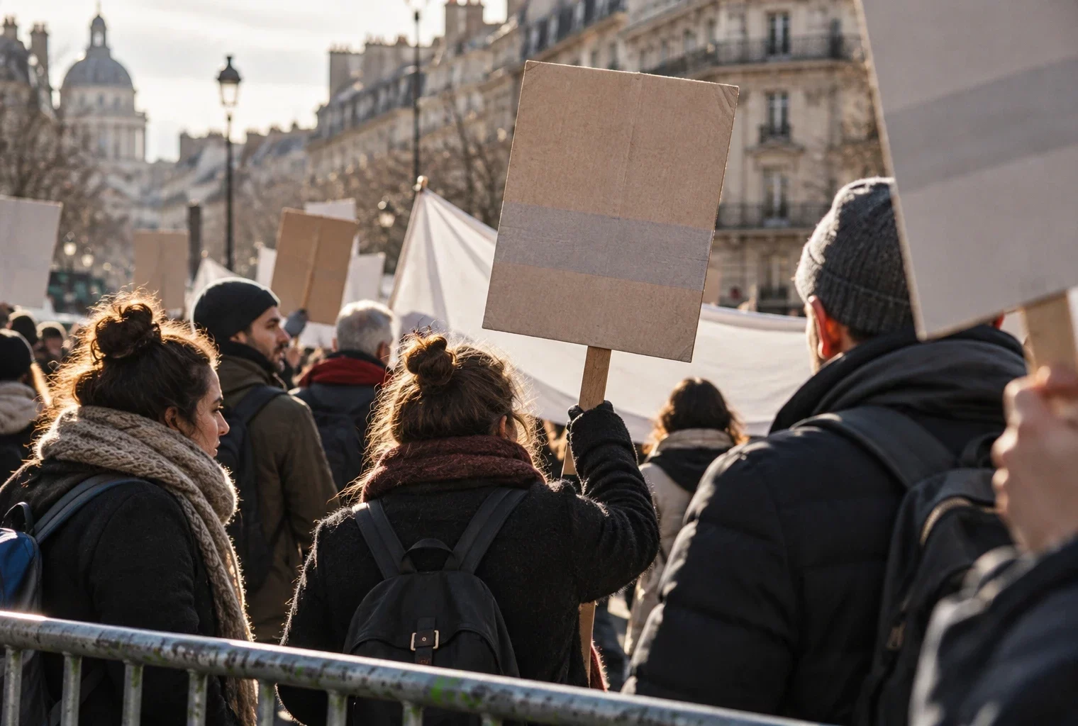 Des salariés manifestent dans une rue française, tenant des pancartes vierges devant des façades urbaines, sous un soleil d’hiver.