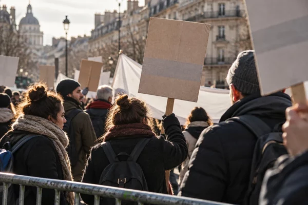 Des salariés manifestent dans une rue française, tenant des pancartes vierges devant des façades urbaines, sous un soleil d’hiver.