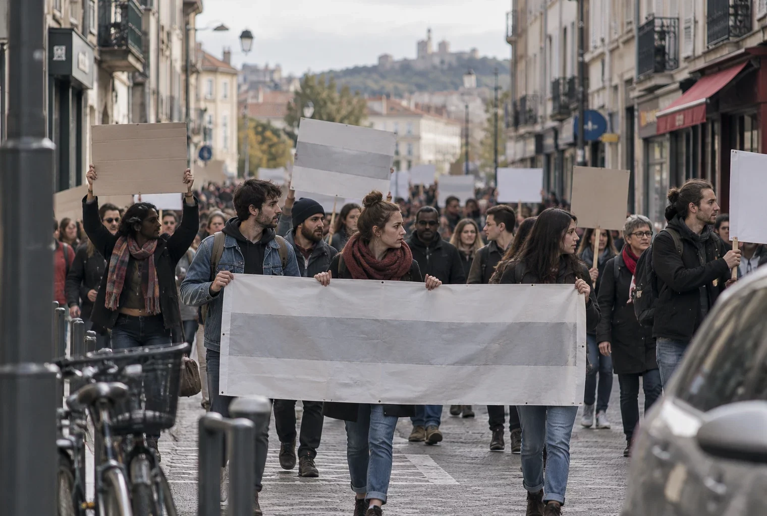 Des manifestants marchent dans une rue de centre-ville, parmi des façades ordinaires et des pancartes vierges.