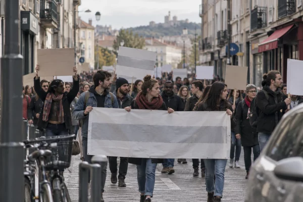 Des manifestants marchent dans une rue de centre-ville, parmi des façades ordinaires et des pancartes vierges.