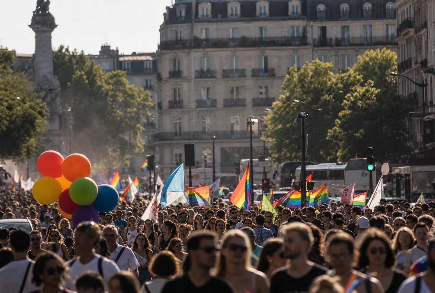 Marche des Fiertés à place d’Italie, foule dense en mouvement, drapeaux arc-en-ciel et façades parisiennes en arrière-plan.