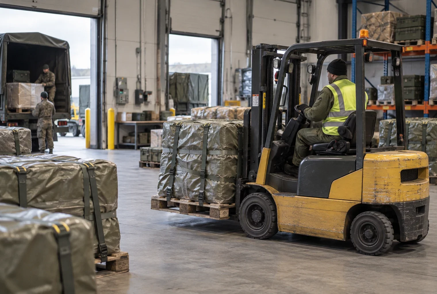 Des palettes de matériel militaire protégé et sanglé sont déplacées par un chariot dans un entrepôt logistique en activité.
