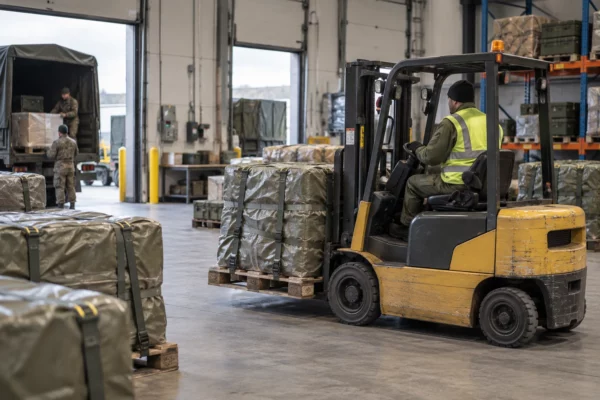 Des palettes de matériel militaire protégé et sanglé sont déplacées par un chariot dans un entrepôt logistique en activité.