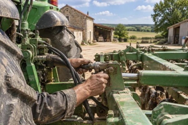 Des mains d’agriculteur vérifient un outil près d’un tracteur poussiéreux, dans une cour d’exploitation bordée de champs.