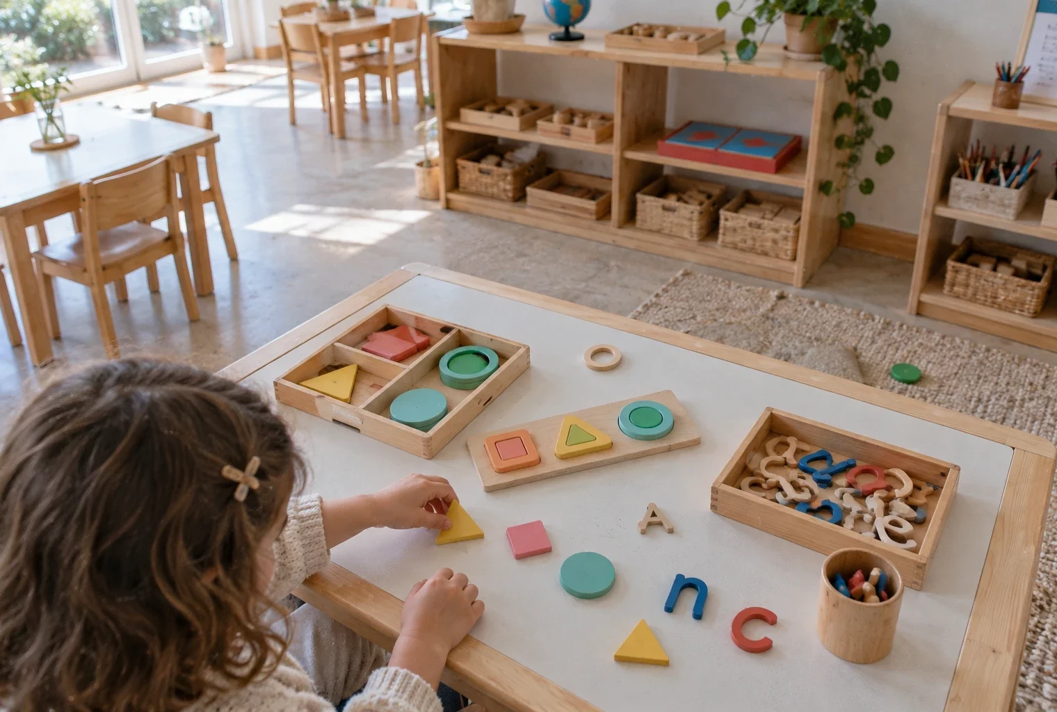 Matériel Montessori en bois sur une table de classe, une main manipule des formes devant des étagères basses et des paniers.