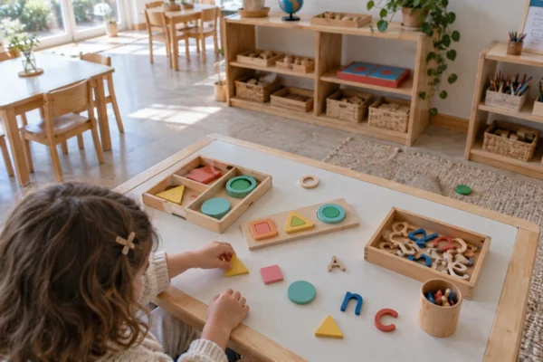 Matériel Montessori en bois sur une table de classe, une main manipule des formes devant des étagères basses et des paniers.