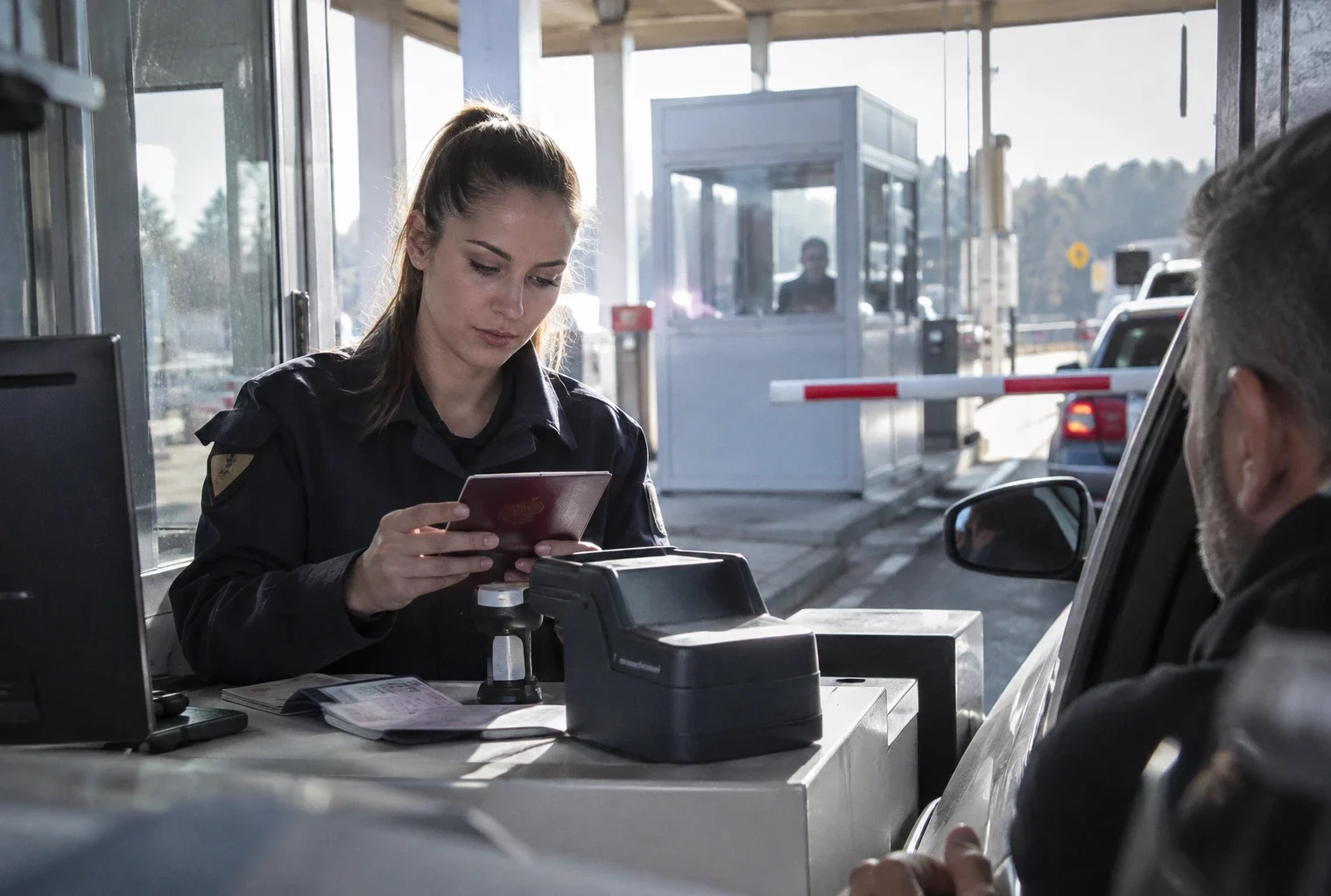 Lecteur de passeport et comptoir de vérification dans un poste de contrôle frontalier, avec des cabines et barrières en arrière-plan.