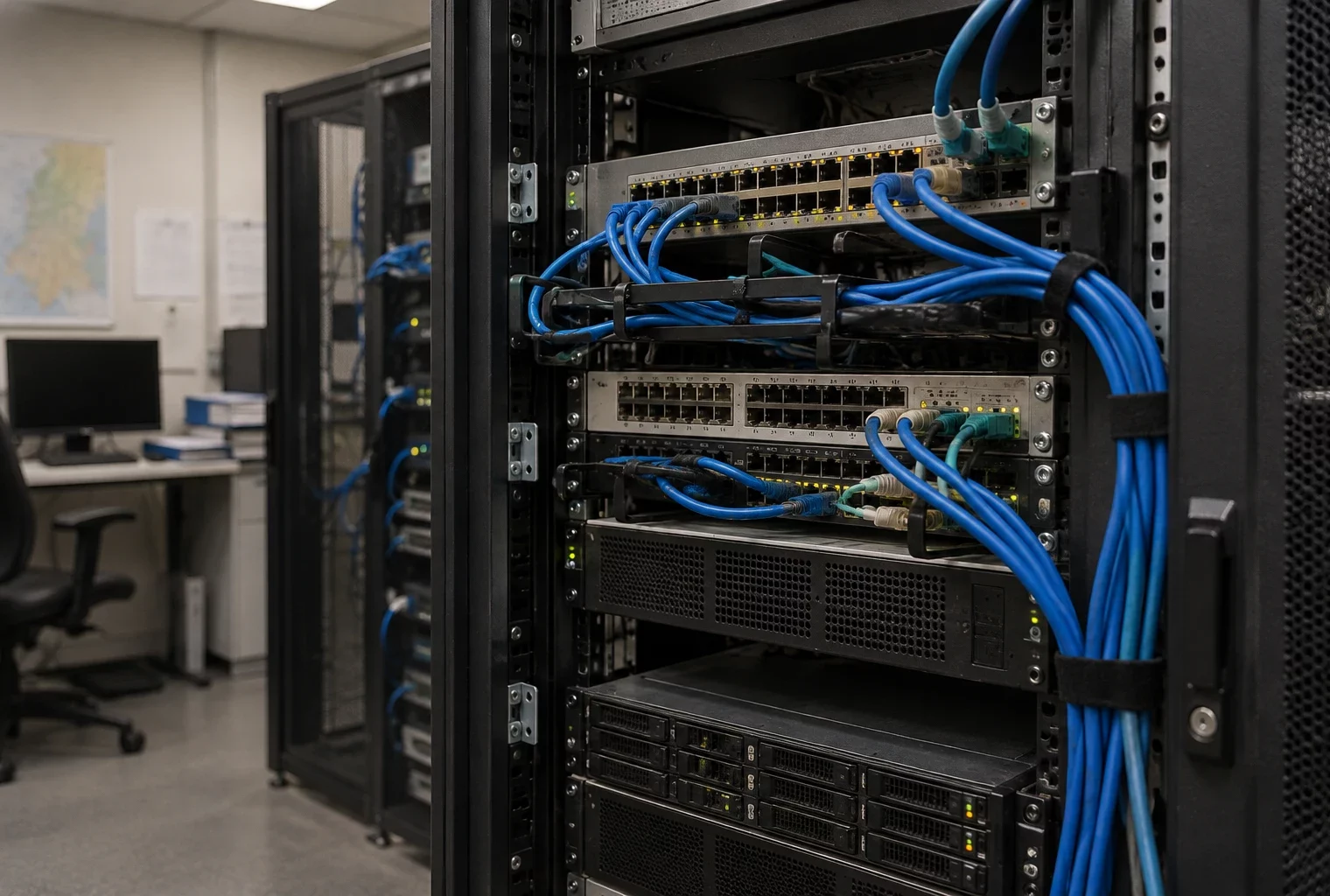 Baie informatique avec commutateurs réseau et câbles bleus raccordés, dans un local technique sobre aux équipements usés.