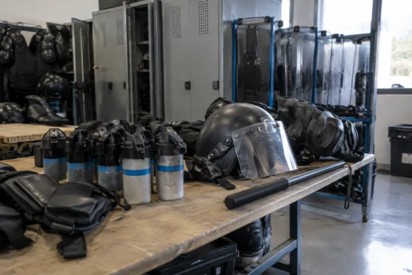 Grenades assourdissantes rangées avec des équipements de protection dans un local de stockage du matériel de maintien de l’ordre.