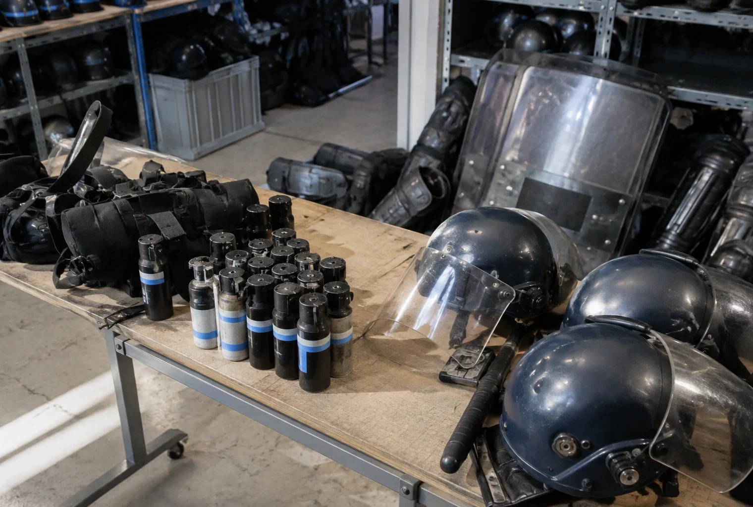 Grenades assourdissantes rangées avec des casques et des boucliers dans un local de stockage de matériel de maintien de l’ordre.