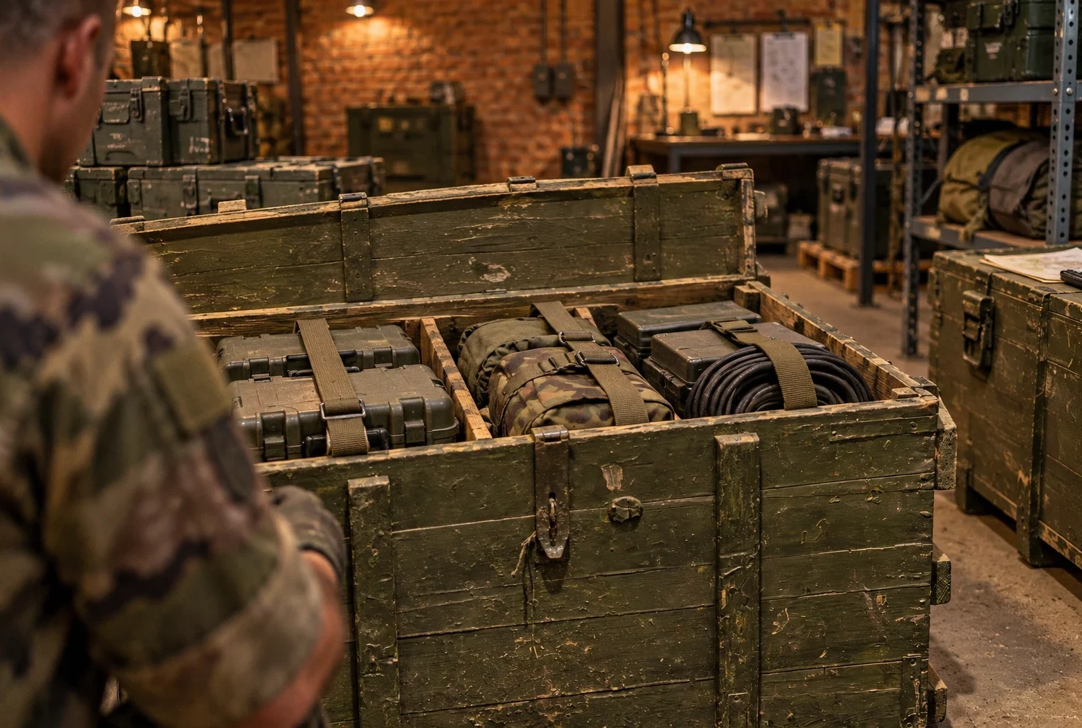 Caisses militaires ouvertes contenant du matériel de soutien sanglé dans une zone de stockage, avec rayonnages et autres caisses en arrière-plan.